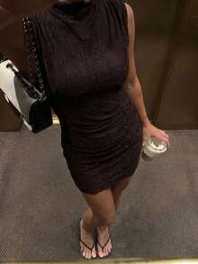 Firerie Vestido mini ajustado de verano elegante de unicolor con encaje y fruncido - Café integral - Ver 7