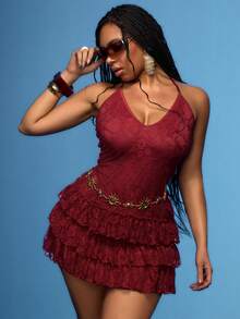 Orbivine Vestido mini de mujer talla grande con encaje, patchwork, volantes, espalda descubierta y cuello halter - Burdeos - Ver 7