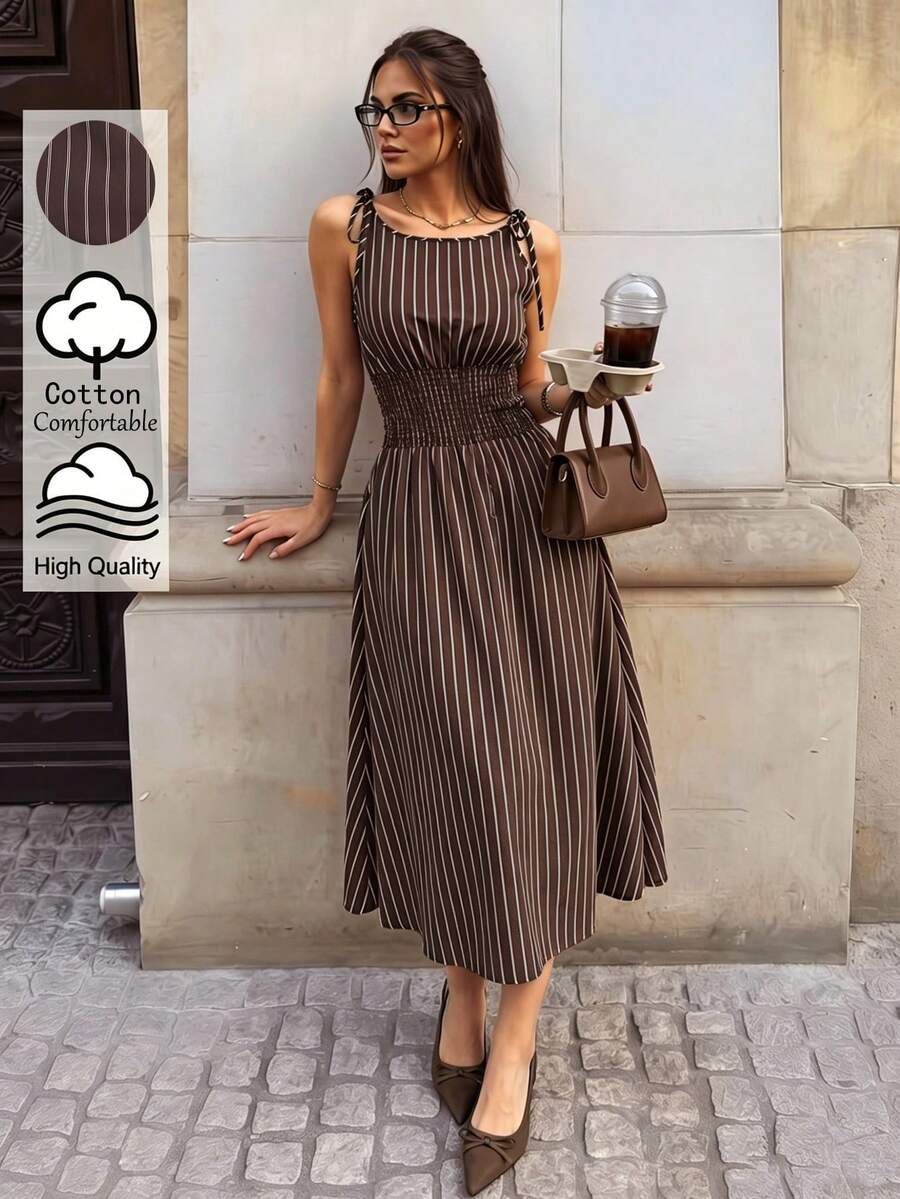 Ritzy Row Damen braunes gestreiftes A-Linien-Kleid mit geraffter Taille, charmant elegant für Alltag, Pendeln, Urlaub, Mode, Date, französischer Streetstyle, Vintage, vielseitig, Frühling/Sommer, neu, ärmellos, mit Bindeband, Midi, Rundhals, Cami-Kleid, braunes Kleid