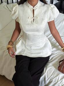 Siren Gaze Women's Jacquard Frog Button Design Short Puff Sleeve Elegant French Blouse Wedding Dinner Date Date Night Party White Summer - Apricot - View 7