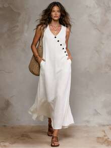 Solivie Women's Solid Color Button Design V-Neck Pocket Casual Sleeveless Long Dress Vacation All White Summer - White - View 6