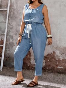 EMERY ROSE CURVE Women's Plus Size Light Blue Sleeveless Denim Jumpsuit,Summer Casual Hiking Outfit,Button Front Drawstring Waist Rolled Cuff Ankle Length Overalls - Blue - View 6