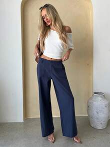 Brooke Lily Plain Casual Straight Leg Trousers With Pockets, Low-Rise - Navy Blue - View 4