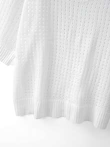 SHEIN CURVE+ Plus Size Casual Hollow V-Neck Mid-Sleeve Pullover Sweater - White - View 4