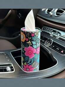 Spring Floral Round Car Tissue Box, Cylindrical Tissue Canister Fits Vehicle Cup Holder, Portable Travel Facial Tissue Storage Container For Car Office Bathroom Kitchen Wedding Birthday Holiday Party Home Decor - Multicolor - View 5