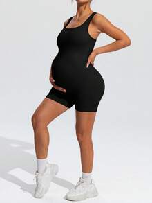 SHEIN 孕婦純色休閒日常運動連身褲 - 黑色 - 查看 7