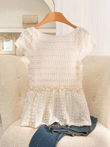 Story & Sage Casual Romantic Elegant Vacation Women's T-Shirt Spring Summer Slim Fit Knitted Jacquard Ruffle Sleeve Hemline Beige Tea Party Brunch Date Night - Apricot - View 3