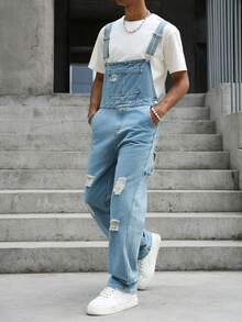 Manfinity EMRG American Retro Streetwear Light Blue Washed Denim Overalls With Distressed Details, Loose Straight Leg Long Pants For Summer Holiday - Blue - View 5