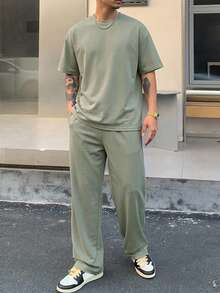 DAZY 男士夏季短袖上衣與長褲純色灰綠色兩件套 - 綠色 - 查看 1