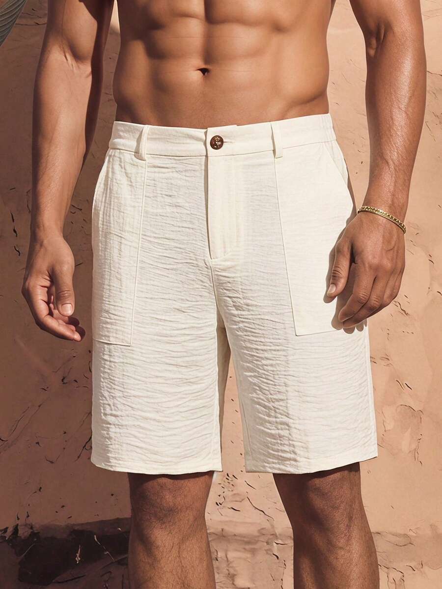 Manfinity RebelGame Men's Cream Bermuda Shorts, Relaxed Fit & Button Closure. Lightweight Linen-Blend Fabric, Side Pockets. Perfect For Beach Vacations & Summer Style. - Light Yellow - View 1
