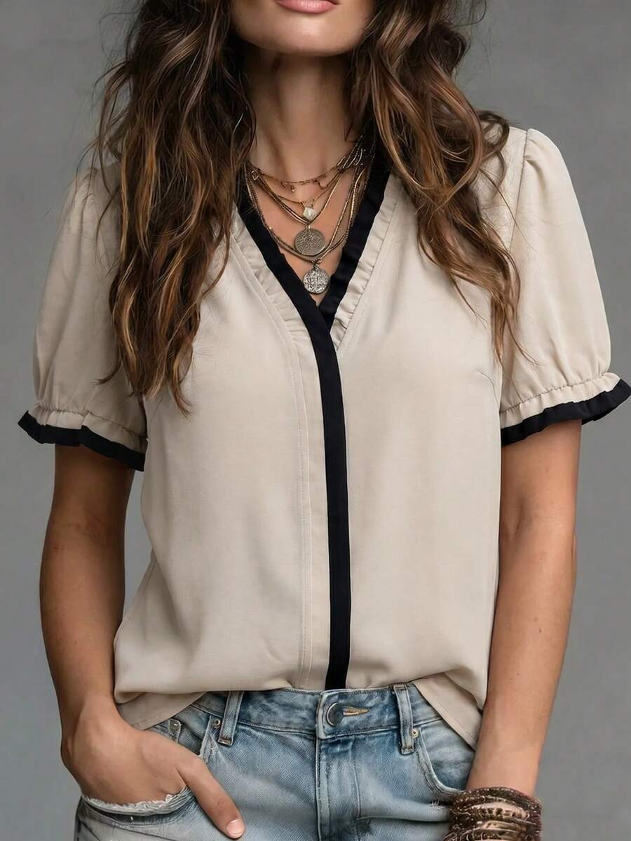 Parysyn Big Size Woven Casual V-Neck Short-Sleeved Daily Wear, Simple Business Casual Summer Women's Shirt - Apricot - View 1