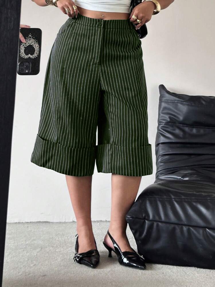POPSWAY Spring, Summer, New Elegant Fashion Casual Design Rolled Hem Cropped High Waist Wide Leg Pants Women Loose Slimming Casual Pants Versatile Business Casual - Dark Green - View 3