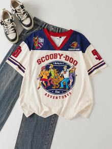 SCOOBY-DOO X SHEIN 女款字母印花V領短袖T恤 -DOO - 杏色 - 查看 1
