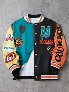 SHEIN Coolqubz Boys' Casual College Print Baseball Jacket, Suitable For Casual, Sports And College Wear Autumn Fall - Multicolor - View 3