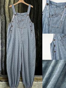 EMERY ROSE Jumpsuit size lớn phong cách thường ngày in họa tiết denim có túi, cúc và dây đeo - Màu xanh lam - Xem 3
