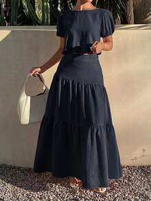 Livesso Women's 2 Pieces Set Round Neck Petal Sleeve Solid Navy Blue Cropped Top With Layered Full Skirt Maxi Summer Lounge Sets Vacation Casual - Navy Blue - View 5