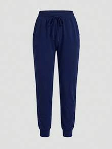 SHEIN Cheerettes Pantalones deportivos de cintura con cordón con bolsillo oblicuo - Azul Marino - Ver 2
