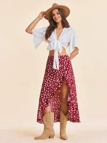 Coeurva Allover Floral Print Ruffle Trim Split Thigh Skirt - Maroon - View 2