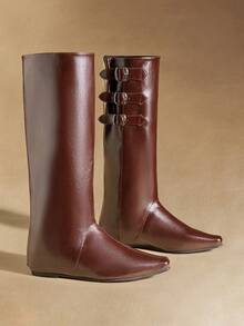 Rosivie Women's Pointed Toe Buckle Design Casual Fashion Knee-High Boots - Brown - View 1