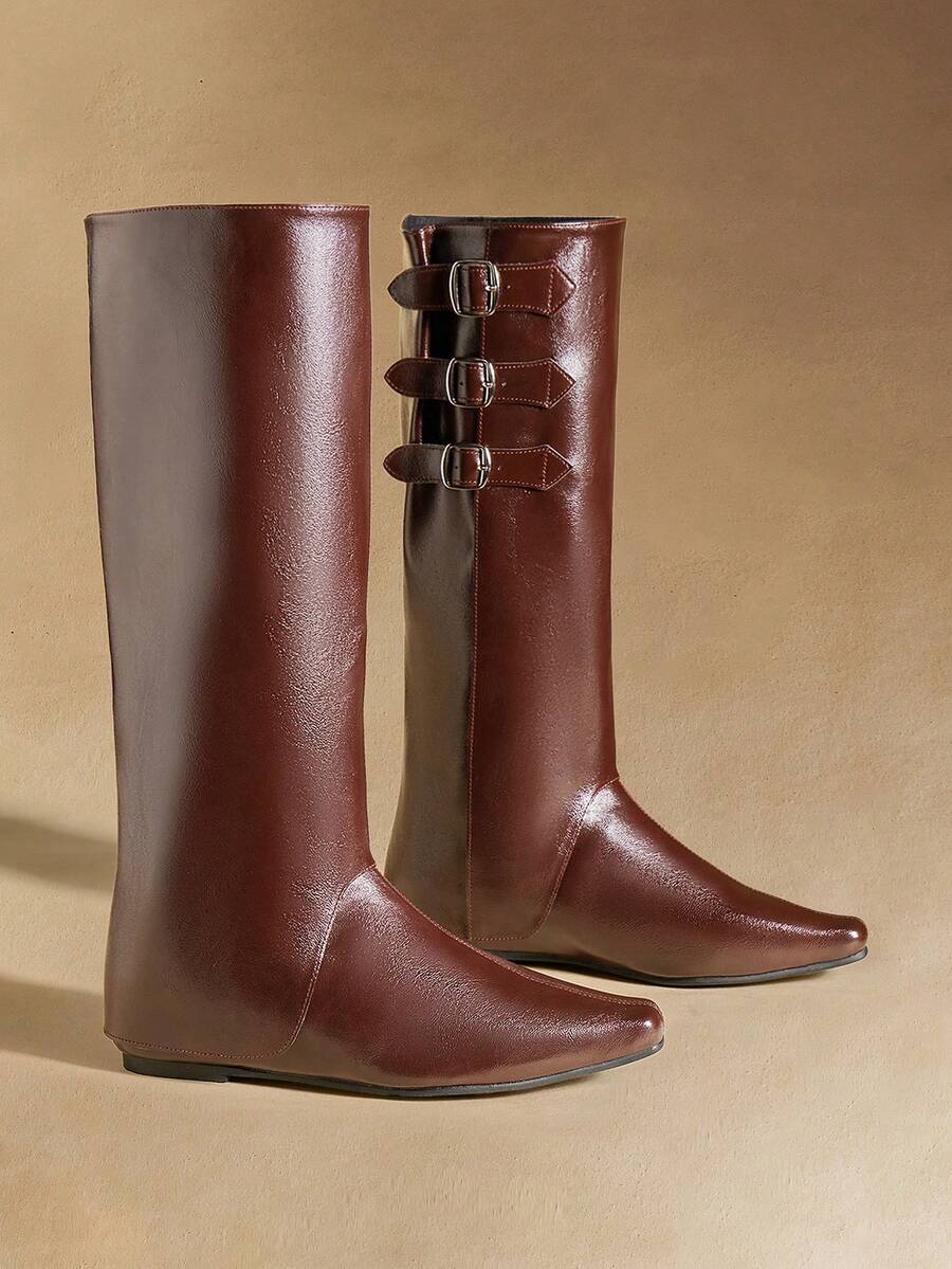 Rosivie Women's Pointed Toe Buckle Design Casual Fashion Knee-High Boots - Brown - View 1