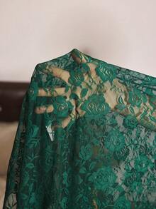 Slumberist Sexy Dark Green Vintage Lace Sheer Set, Mature Style Slit Maxi Dress, Atmospheric Cinched Cinched Waist Robe 2-Piece Set - Dark Green - View 9
