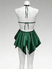 SilkySpell Butterfly & Lace Details Cross Front Sexy Pajama Night Dress Luxeloungewear - Dark Green - View 3