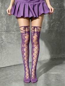 ROMWE 1Pair Sweet Kawaii Versatile Purple Strap Hollow Over Knee Fishnet Socks - Purple - View 6