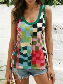 EMERY ROSE Camiseta sin mangas con diseño de bloques de color e impresión digital para mujer, para caminar casualmente - Multicolor - Ver 3