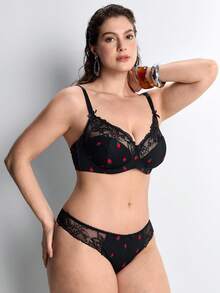 Slumbrini 1 Conjunto de lencería para mujer de talla grande con estampado de fresa sólido, adorno de lazo y encaje, cómodo - Negro - Ver 4