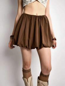 Rina Fox Rok Tulip Kasual Wanita Warna Polos dengan Pinggang Elastis - Coffee Brown - View 4