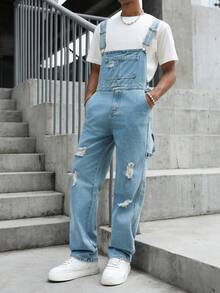 Manfinity EMRG American Retro Streetwear Light Blue Washed Denim Overalls With Distressed Details, Loose Straight Leg Long Pants For Summer Holiday - Blue - View 1