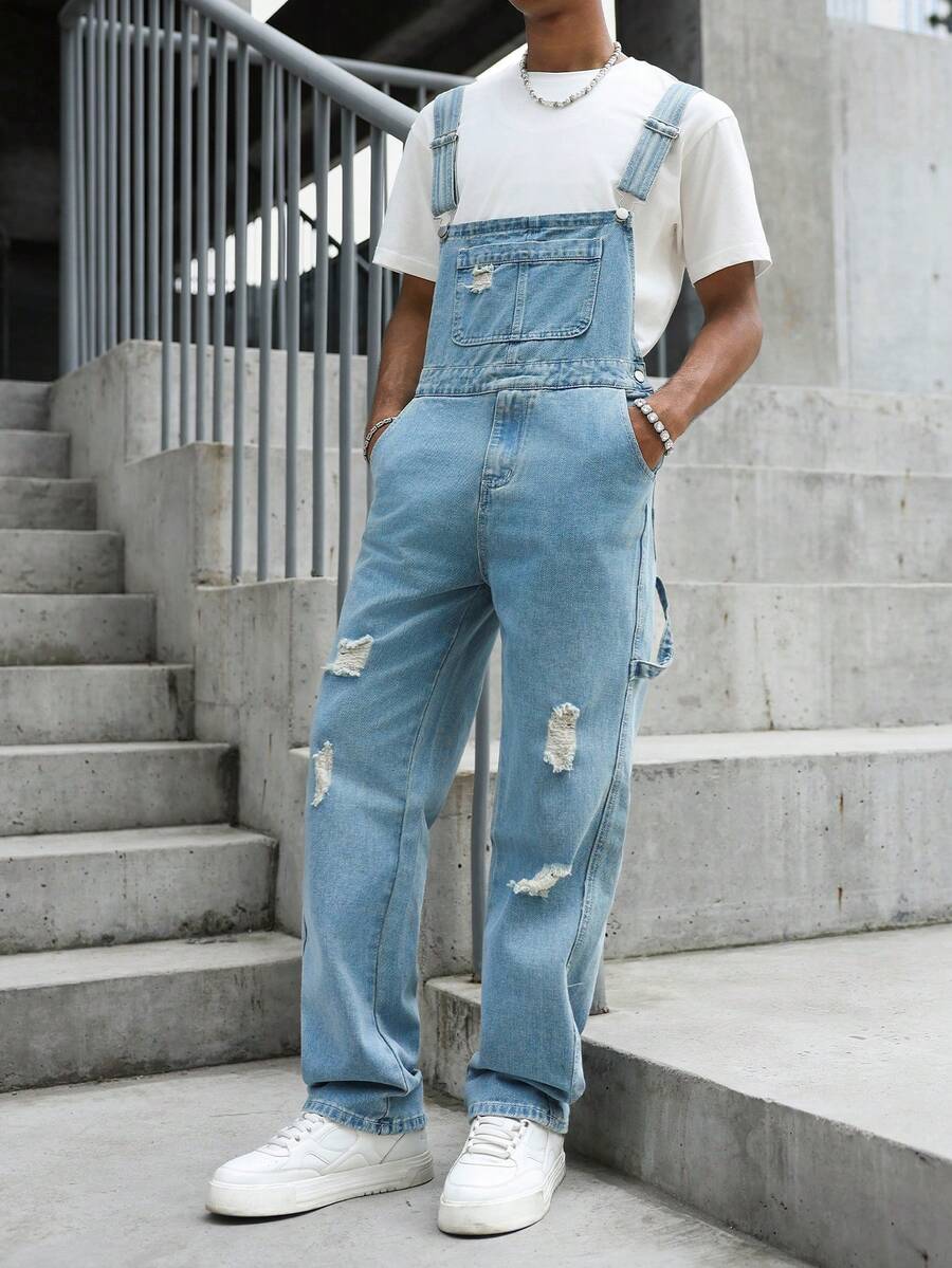 Manfinity EMRG American Retro Streetwear Light Blue Washed Denim Overalls With Distressed Details, Loose Straight Leg Long Pants For Summer Holiday - Blue - View 1