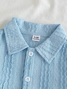 SHEIN Vintaside Kids 男嬰夏季領口短袖簡約時尚休閒襯衫搭配百搭休閒短褲套裝，適合旅行、度假或日常休閒散步 - 藍色 - 查看 6