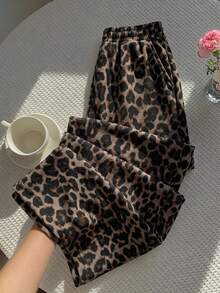 SHEIN EZwear 女款低腰休閒直筒運動長褲，豹紋印花，夏季女裝，女款外出長褲，Y2K街頭風，休閒 - 彩色 - 查看 5
