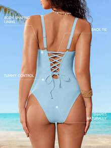Shapewave Traje de baño de una pieza de unicolor para mujer para vacaciones y playa - Celeste - Ver 2