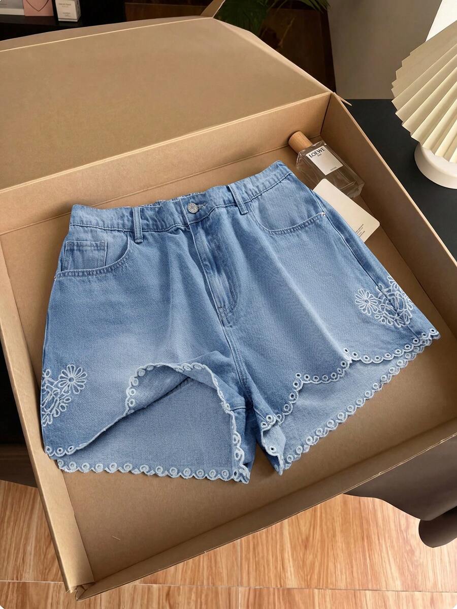 GlowEve CURVE Plus Size Women's Spring/Summer Embroidered Denim Shorts Vacation Beach Light Blue Casual - Light Wash - View 1