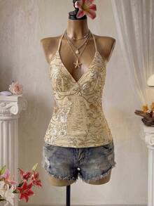 Glamine Women's Apricot Sequin Embroidered Spaghetti Strap Backless Tank Top, Fashionable Sexy Vacation Top, Sequin Embroidered Top - Apricot - View 8