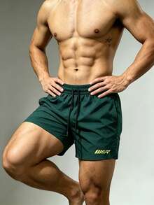 Acti Log Pantalones cortos deportivos de doble capa con cintura con cordón y estampado de letras para hombres, gimnasio - Verde - Ver 7