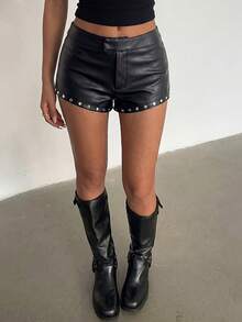Avenya Sexy Low Waist Rivet PU Leather Mini Shorts Night Party Black Fall/Winter - Black - View 4
