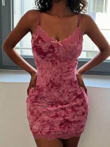 Livesso Women's Sweet Floral Lace Patchwork 3D Bow Decor Camisole Sexy Dress Summer Pajamas - Pink - View 8