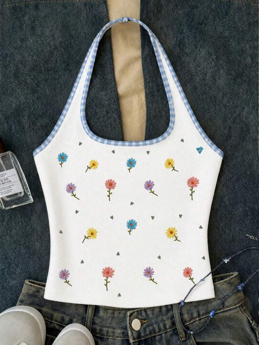 Tween Girls White Long Casual Halter Neck Top, Fitted Tank Top Suitable For Summer Blue And White Contrasting Collar, Colorful Small Flowers - White - View 1