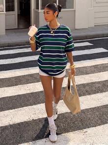 Muchica Plus Size Casual Minimalist Colorblock Striped Pattern Print Crew Neck Short Sleeve T-Shirt Suitable For Summer - Multicolor - View 5