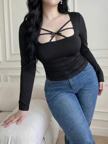 Vibekara Spring, Summer, Fall, New Sweet Vacation Elegant Going Out Tops, Bow, Knit Fabric Contrast Mesh Fabric Lace Trim U-Neck Long Sleeve Women T-Shirt, Slimming Cross Tie Bow Decor Lace Top, Elastic Waist Gathered Design - Black - View 6