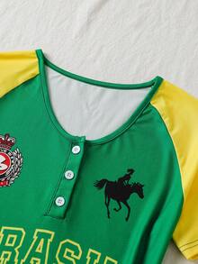 SHEIN T-shirt à manches courtes rayé style vintage européen et américain Y2K, convient aux filles et aux adolescentes - Vert - Voir 6