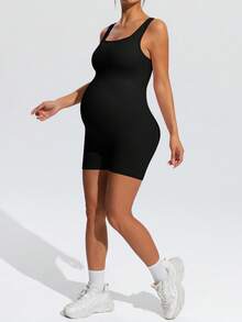 SHEIN 孕婦純色休閒日常運動連身褲 - 黑色 - 查看 5