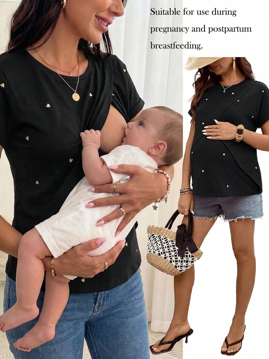 SHEIN 孕妇爱心印花圆领短袖哺乳 T 恤 - 黑色 - 查看 1