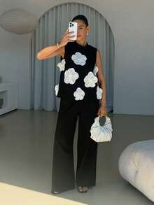 SHEIN Clasi Plus Size Women's 3D Floral Decor Top And Pants Casual Daily 2 Pieces Set - Black - View 8
