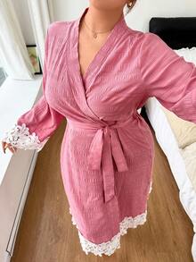 Napfluff CURVE Napfluff CURVE Plus Size Women's Lace Patchwork Woven Textured Cardigan Comfortable Wearable Robe - Pink - View 5