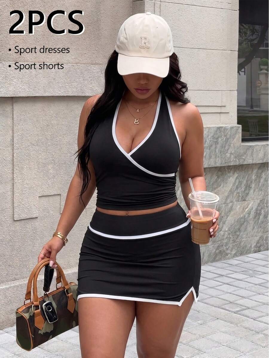 Gameset SHEIN Sport 春夏大尺碼女款兩件式運動套裝，黑色拼色V領交叉掛脖露背運動上衣，搭配常規拼色拼接收腰貼身A字裙，側開衩裙襬，內建內襯與口袋，適合日常休閒、跑步、瑜珈、健身房、網球、高爾夫