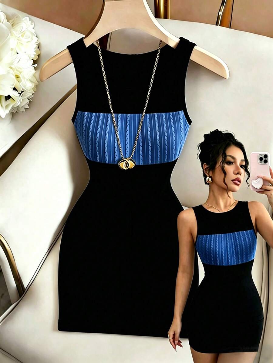 Franclia 女款夏季修身性感紋理拼接無袖洋裝 夜店夜生活黑色 - 藍色 - 查看 1